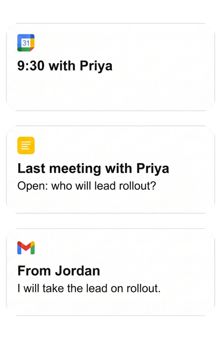 Priya meeting Calendar and Notes sources.