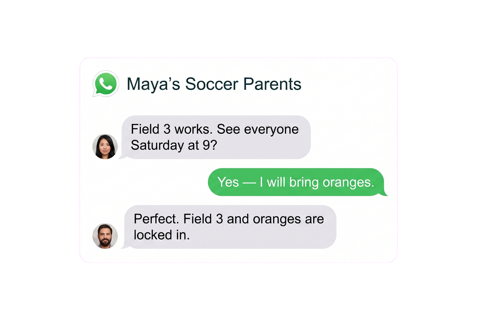 WhatsApp source excerpt for Maya’s soccer plan.