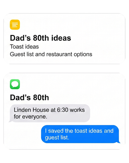 Illustrative Dad's 80th Notes and Messages planning sources; not a Jo product screenshot.